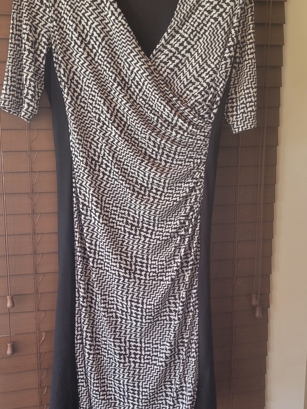 Lauren By Ralph Lauren Black & White Printed Draped Midi Dress